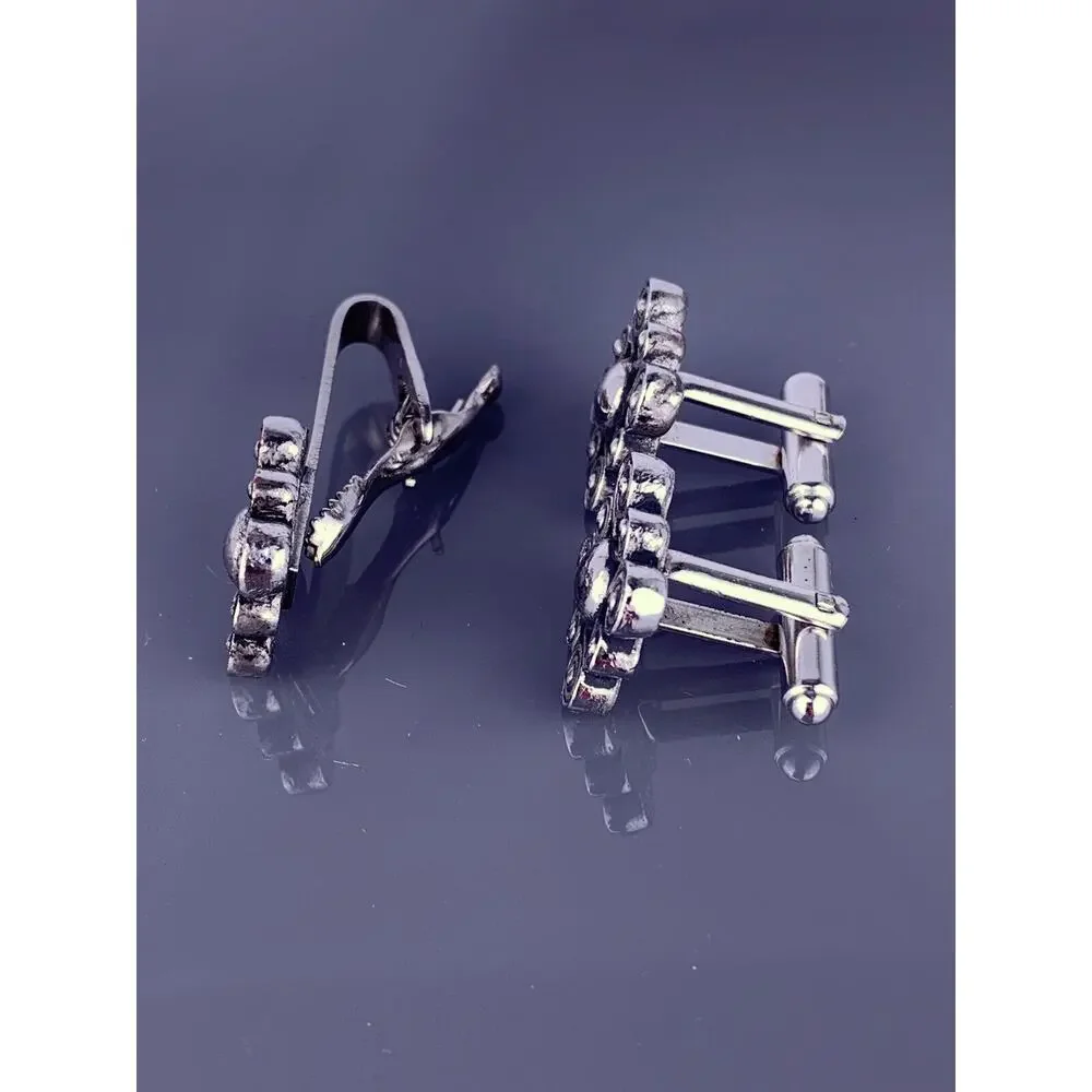 Swirl Spiral Silver Tone Cufflinks Tie Pin Square Scrolls Swoops Vintage
